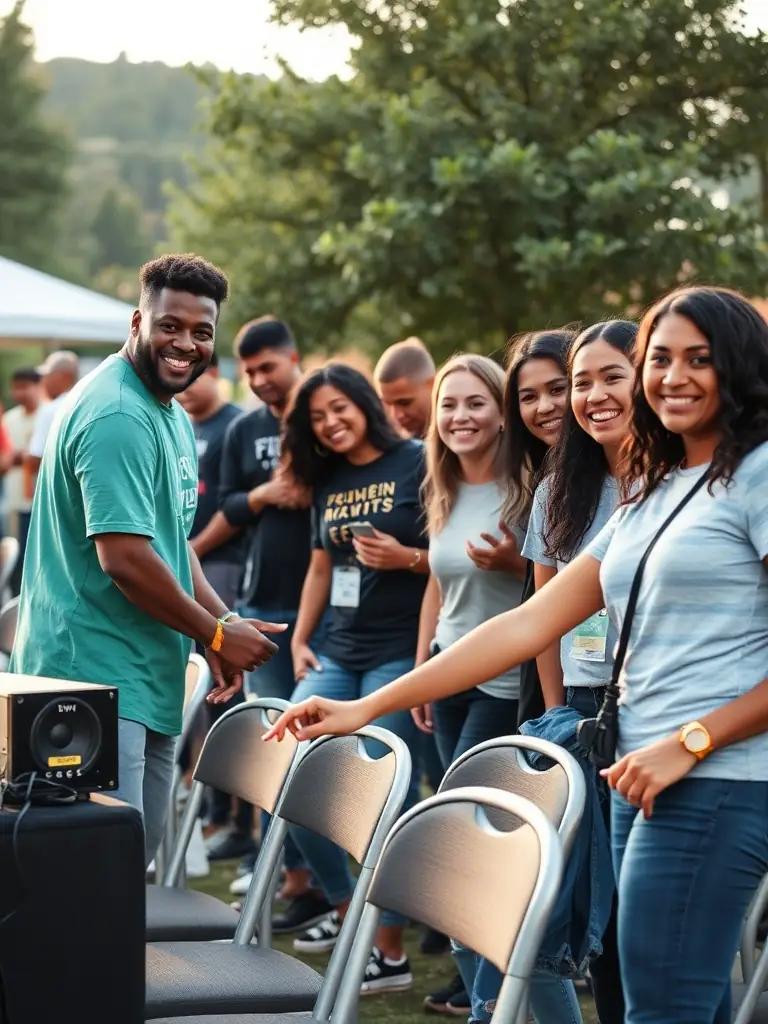 A photo of volunteers working together at a FENIX event, setting up equipment, assisting attendees, and creating a welcoming atmosphere, demonstrating the collaborative spirit and community involvement.