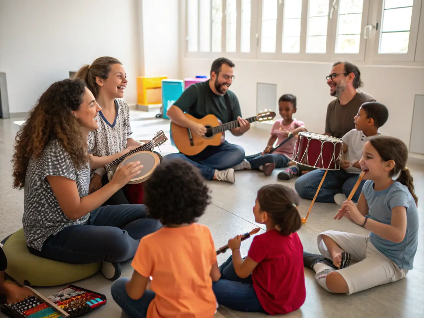 A vibrant image depicting a group of people participating in a FENIX music workshop, with instruments and smiling faces visible, set in a community center.