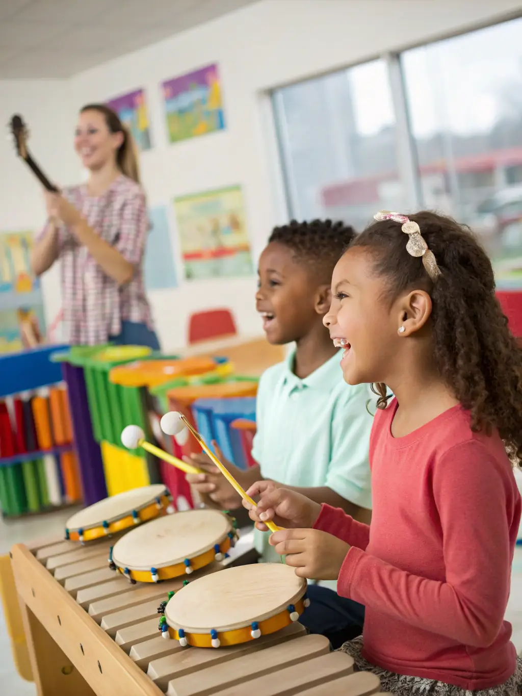 A heartwarming image of children participating in a FENIX-sponsored music workshop, learning to play instruments and express themselves creatively, with instructors guiding them with patience and encouragement.