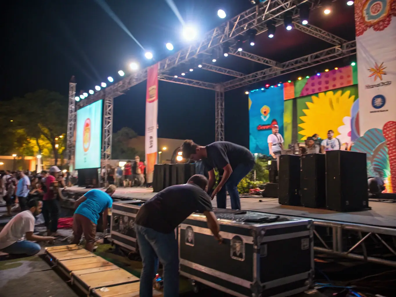 A heartwarming image showing volunteers and community members working together to set up a FENIX event, emphasizing the organization's role in strengthening social bonds.