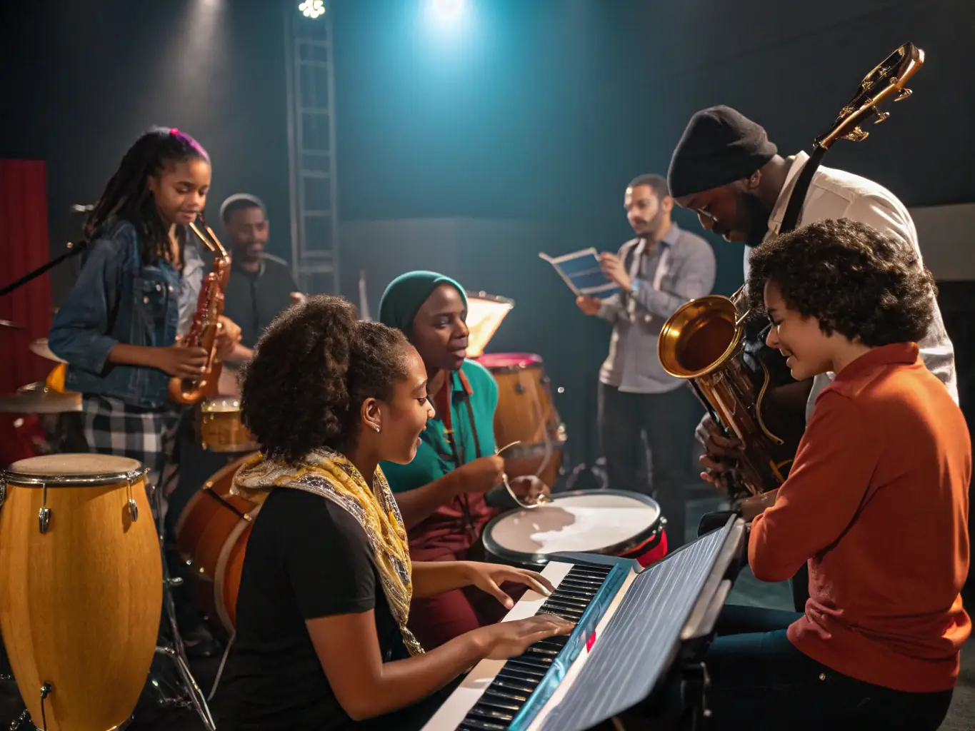 A vibrant image depicting a FENIX music workshop, with participants of diverse ages and backgrounds actively engaged in learning and playing musical instruments, set in a community center.