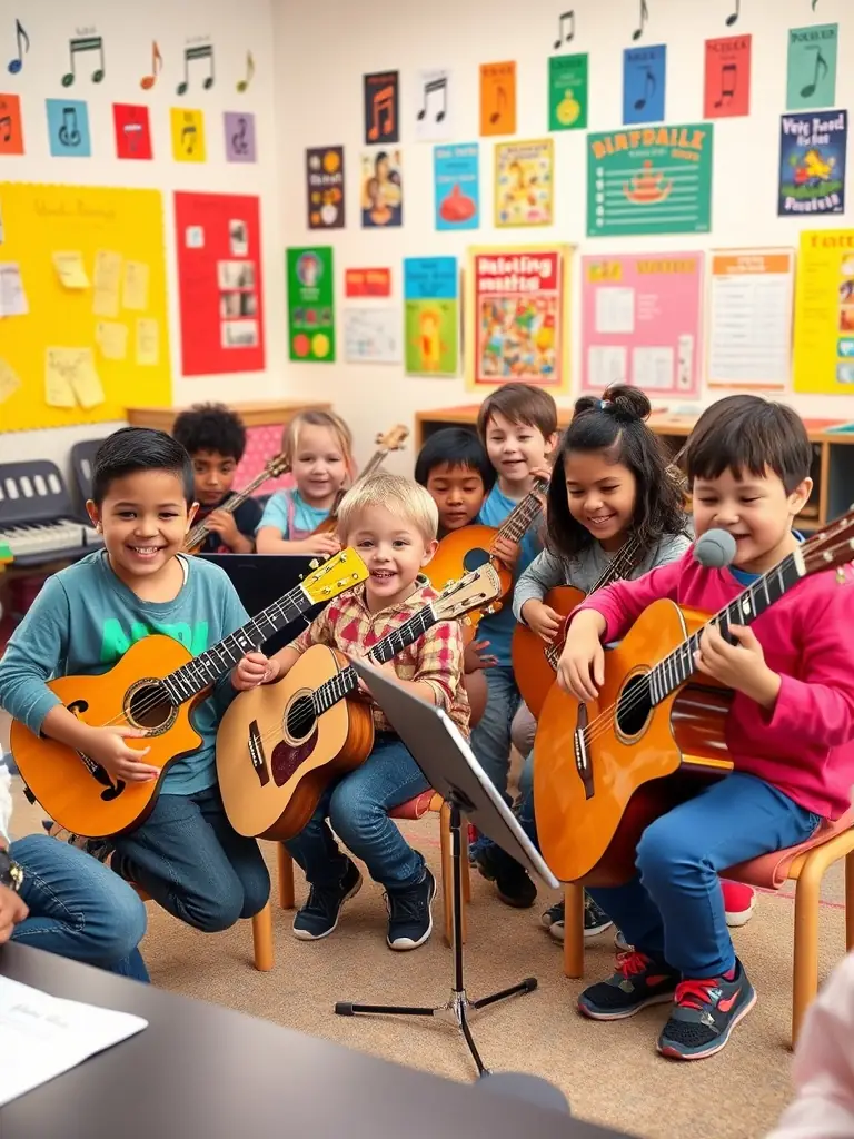A dynamic image of a FENIX-sponsored music workshop, featuring participants of all ages learning to play instruments and collaborate on musical projects, highlighting educational initiatives.