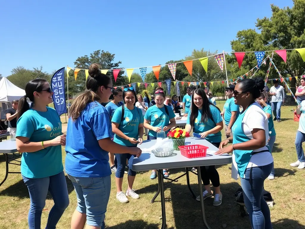 A heartwarming image of FENIX volunteers working together to organize a community music event, with instruments, decorations, and a sense of camaraderie, set in a public park.