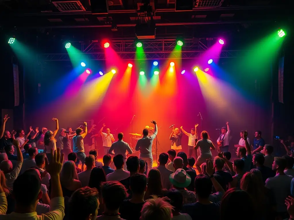 A dynamic photograph capturing a live performance at a FENIX-organized concert, showcasing a diverse group of musicians on stage and an enthusiastic audience enjoying the music.