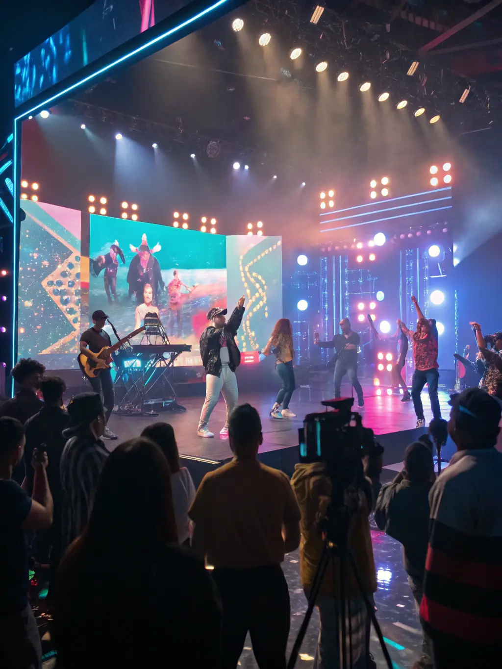 A vibrant photo of a FENIX music event, showcasing diverse performers on stage, bathed in colorful stage lights, with an enthusiastic audience in the foreground, capturing the energy and excitement of the performance.