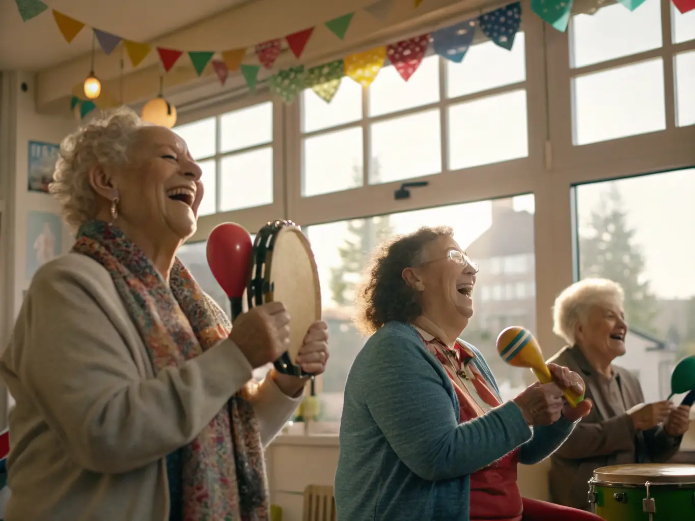 A heartwarming image showing FENIX volunteers interacting with elderly residents at a nursing home, playing familiar tunes and creating a joyful atmosphere through music.