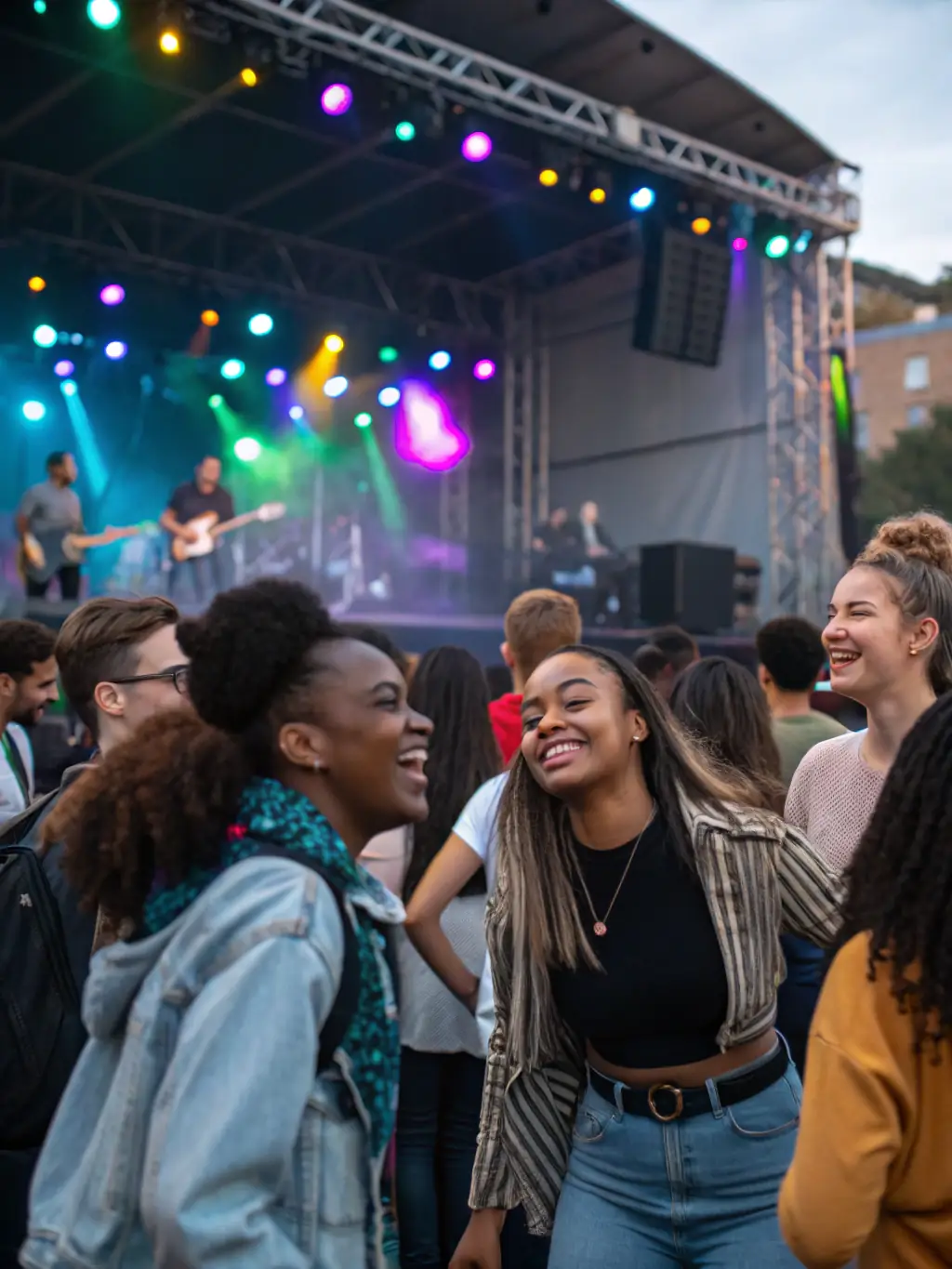 A close-up shot of a diverse audience enjoying a FENIX concert, with people of all ages and backgrounds clapping, singing along, and connecting through the shared experience of music, highlighting the unifying power of the arts.