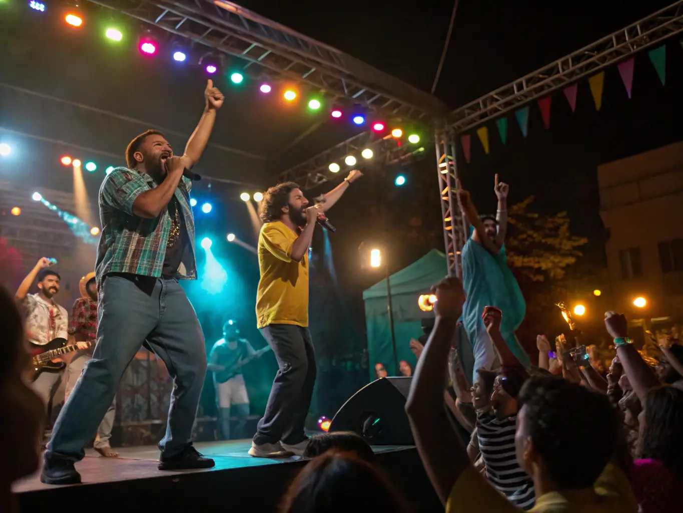 A dynamic image showcasing a live musical performance organized by FENIX, featuring musicians on stage and an enthusiastic audience, set in a local venue.