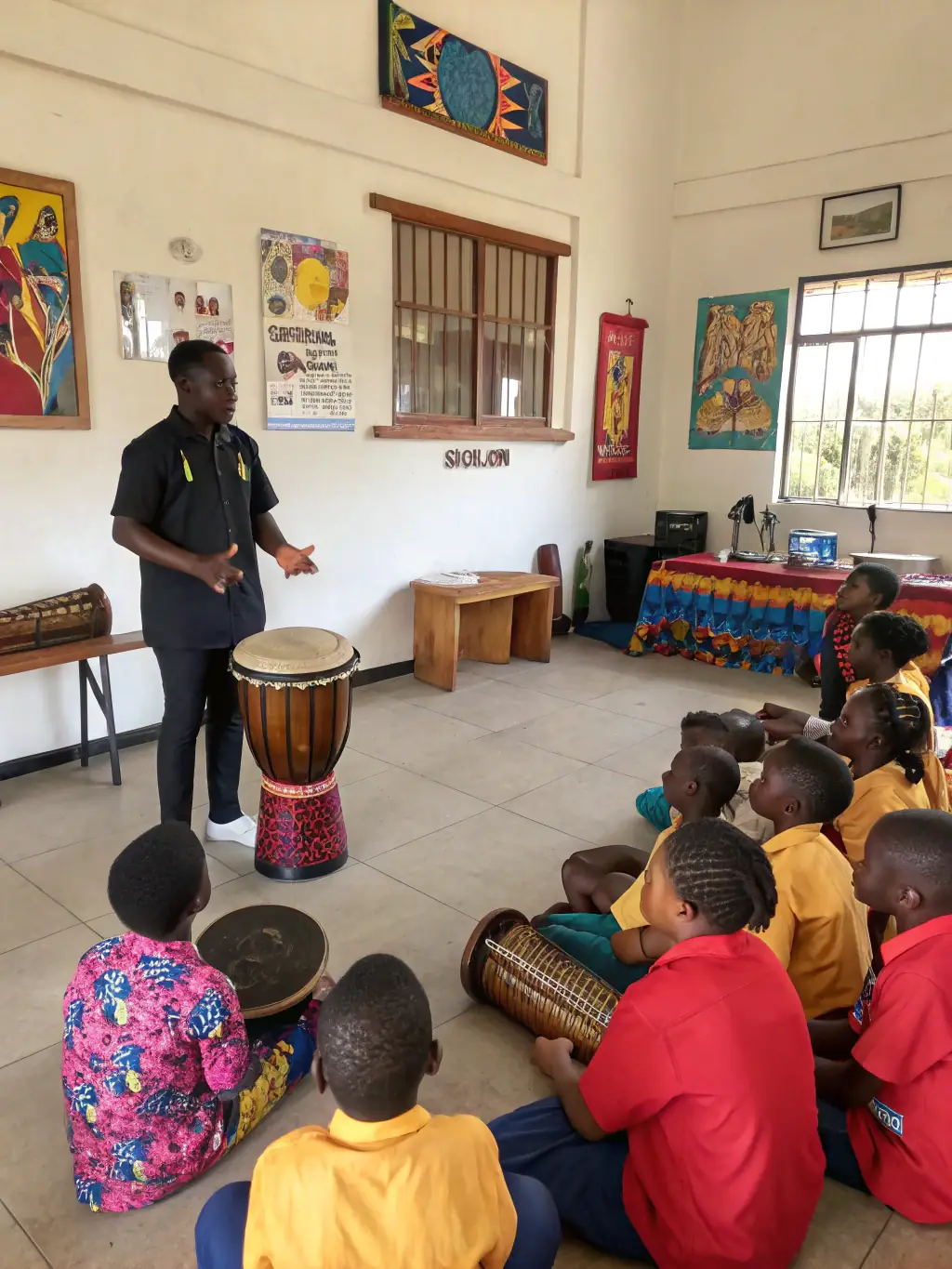 A photo of a FENIX-sponsored music workshop, featuring a professional musician teaching a group of enthusiastic participants of various ages how to play a traditional instrument.